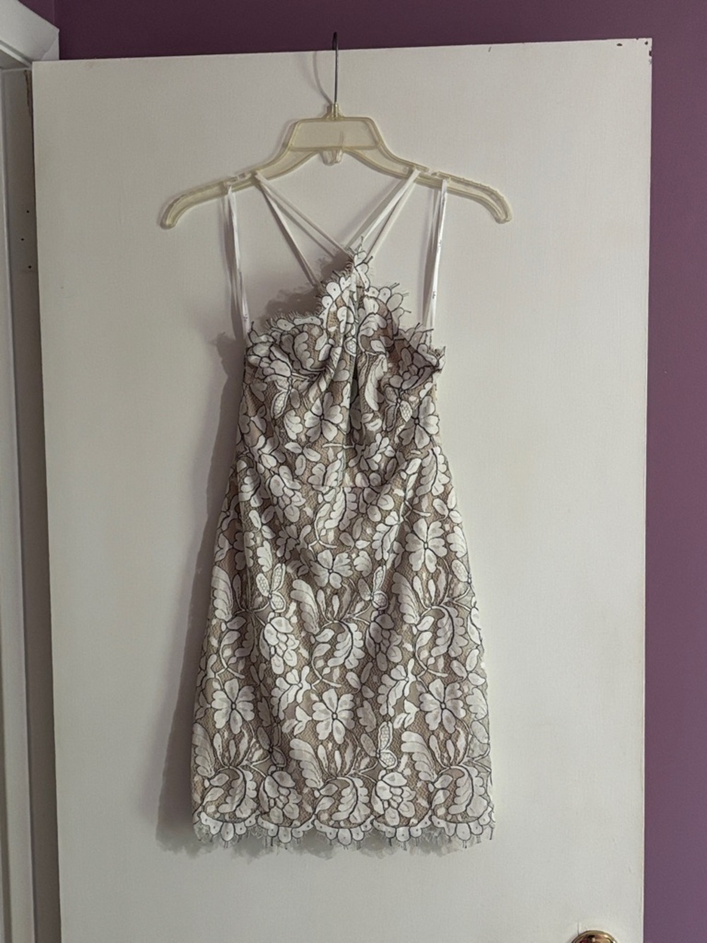 Lulu’s White and Beige Floral Lace with Halter/Criss Cross Adjustable Straps